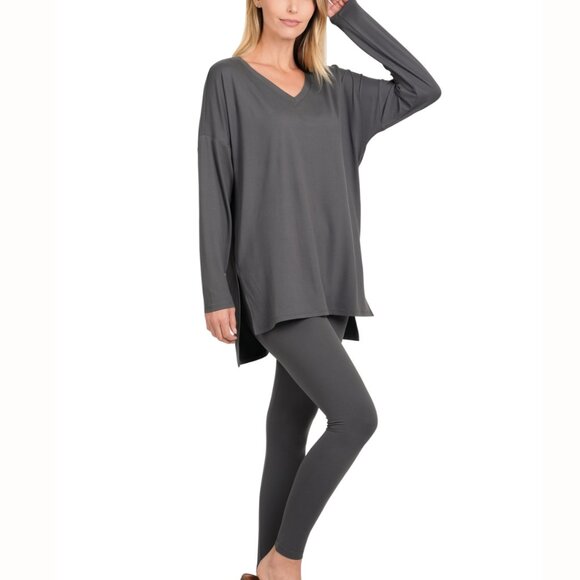 V-Neck Long-Sleeve Loungewear Leggings Set SM-3X - Picture 2 of 7